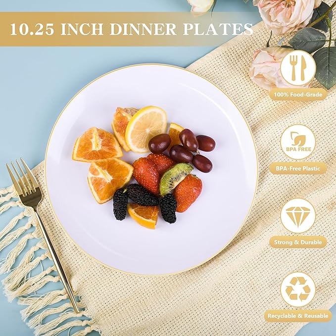I00000 150PCS White and Gold Plastic Plates with Disposable Silverware for 30 Guests,Nice Disposable Plates,White Plastic Plates Set Include 30 Dinner Plate,30 Dessert Plate,90 Gold Cutlery for Party