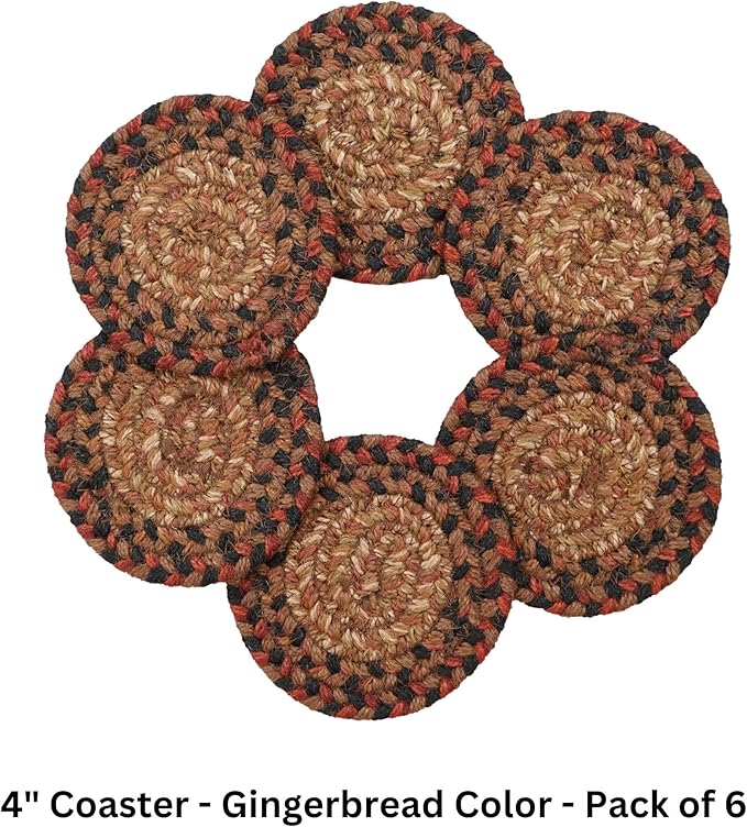 Homespice Gingerbread Jute Woven Rope Coasters 4", Warm Country Decor, Set of 6, Brown - Durable, Absorbs Moisture, Easy to Clean and Protects Furniture