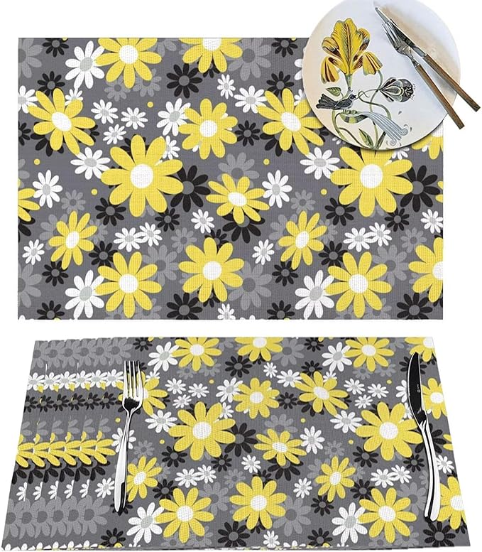 Placemats Set of 4 Vintage Daisy Place Mats Abstract White Yellow Floral Woven Table Mats Washable Black Grey PVC Placemat for Dining Kitchen Decor Indoor Outdoor, 12 x 18 Inch