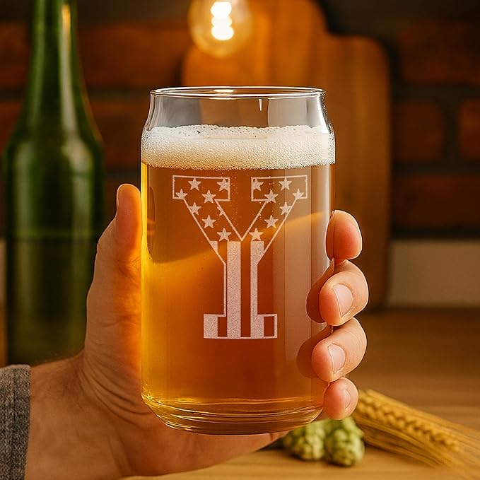 Monogram Beer Glasses for Men (A-Z) 16 oz - Beer Gifts for Men Brother Son Dad Neighbor - Unique Gifts for Him - Personalized Drinking Gift Beer Glass Mugs - Engraved Beer Can Glass (Y)