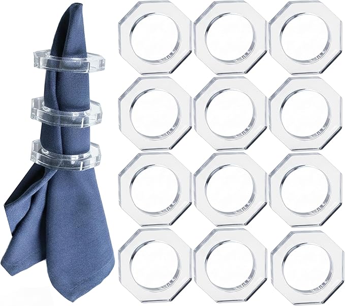 CLEENTABLE Acrylic Napkin Rings Set of 12 - Octagon Transparent Design for Christmas, Thanksgiving, Holiday Table Decor - Durable Crystal Napkin Holders for Dinner Parties & Everyday Use (Opaque)