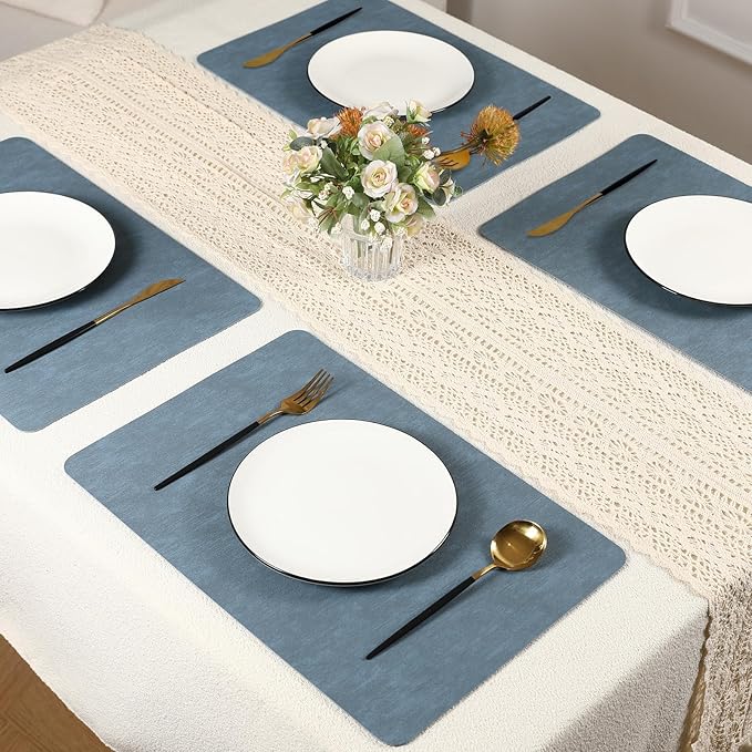 Blue Reversible Faux Leather Placemats – Set of 6 Waterproof, Heat-Resistant & Easy-to-Clean Table Mats for Modern Dining