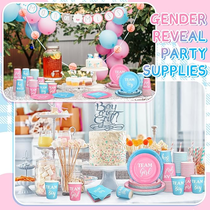 200 Pieces Party Supplies Tableware Set Patterns Printed Plates Napkins Cups Table Decorations for Baby Shower Birthday Party (Gender Reveal Style)