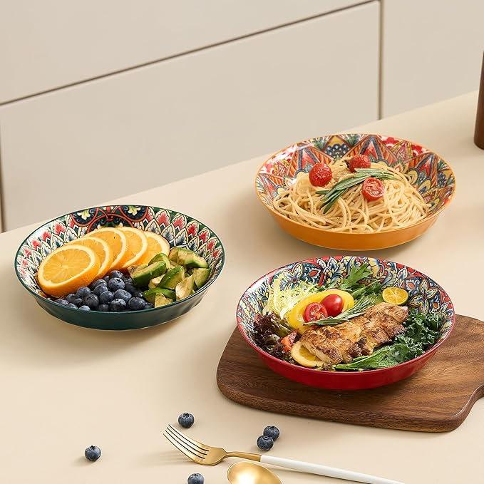 Ceramic Pasta Bowls Set - 8 inch 32 oz Serving Bowls, Set of 6, Colorful Dinner Bowls for Soup,Salad, and Pasta, Kitchen, Microwave, Dishwasher Safe, mexican, Bohemian Style