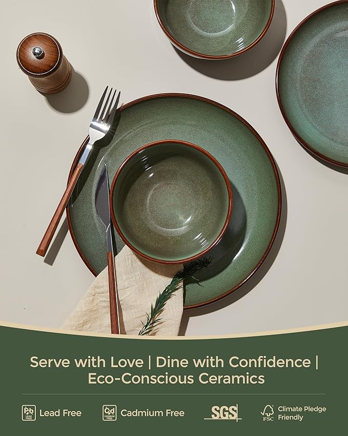 Stoneware Dinnerware Sets Service for 12, 36 pcs Reactive Glaze Plates and Bowls Sets, Handmade Ceramic Dish Set, Highly Chip and Crack Resistant Modern Plate Set, Brown Green
