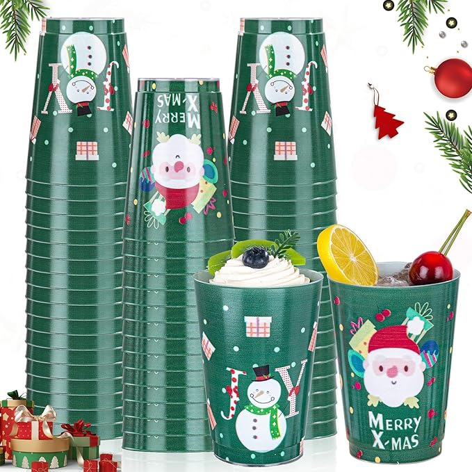 I00000 50Pcs 12oz Snowman Pattern Design Christmas Plastic Cups, Premium Disposable Cups, Green Xmas Party Cup with Santa Claus Pattern Design, Perfect for Christmas Party