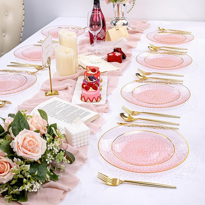 Rubtlamp 100 Pcs Pink Gold Dessert Plates hammered party plates, Pink Disposable Plates With Gold Rim, 7 Inch Dessert Platos Disposable, Plastic Appetizer Plates Perfect for Mother's Day