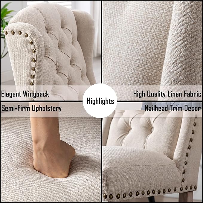 Linen Dining Chairs Set of 6, Farmhouse Dining Room Chairs with Tufted Wingback, Upholstered French Country Parsons Kitchen Chairs Side Accent Chair for Home/Restaurant, Cream