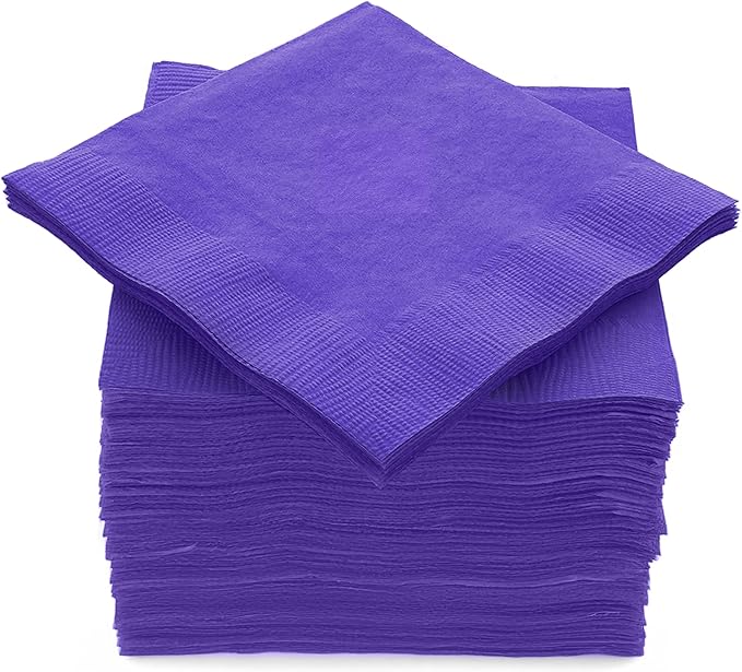 100 Pack Purple Beverage Napkins, Big Party Pack, 2 Ply, Ideal for Wedding, Party, Birthday, Dinner, Lunch, Cocktails. (5” x 5”) by Amcrate