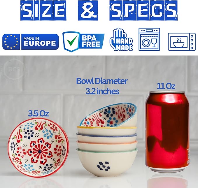 BCS Ceramic Salsa Bowls Set of 6 Small Pinch Bowls for Dipping, Cooking Prep & Charcuterie Board, Soy Sauce Dish, Multicolor Handmade Decorative Mini Serving Dishes Dishwasher Safe (3.2''-3 oz)