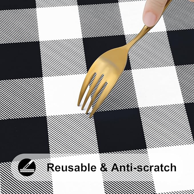 Smiry Rectangle Picnic Table Cloth, Elastic Waterproof Fitted Vinyl Tablecloths, Flannel Backed Buffalo Plaid Table Covers for Dining, Camping, Outdoor (Black and White, 30" x 48")