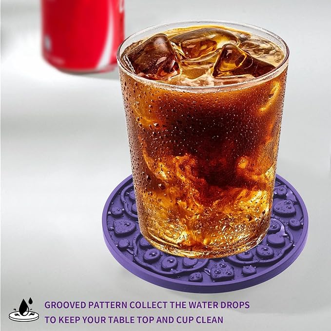 6 Pack Purple Silicone Coffee Coasters with Holder, 4 Inches Non-Slip Decorative Round Coaster for Tabletop, Desk Dishwasher Safe Cup Mat for Bar, Drinks, Beer
