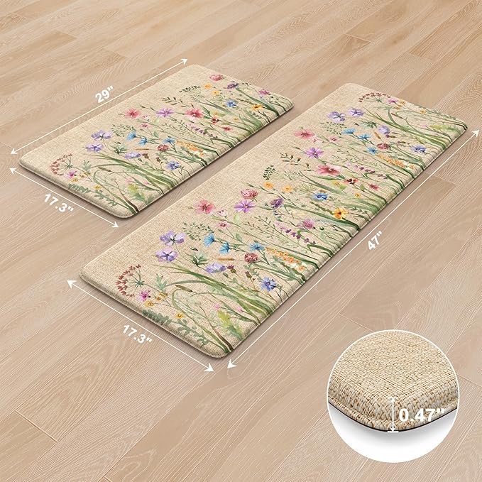 KIMODE Anti Fatigue Kitchen Mat, 17"x47"+17"x29" Floral Kitchen Rugs Sets of 2, Farmhouse Kitchen Floor Mats Non-Slip Cushioned, Comfort Standing Desk Mat for Sink, Laundry,Home Brown