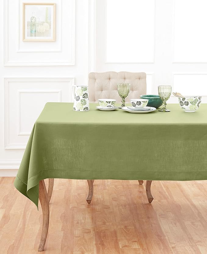 Solino Home Moss Green Linen Tablecloth 60 x 120 Inch - Classic Hemstitch, 100% Pure Linen Rectangular Tablecloth - Machine Washable Table Cloth for Winter, Spring, Easter, St Patricks Day