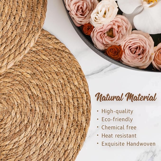 13 in Round Woven Placemats Set of 4 Chargers for Dinner Plates Farmhouse Rustic Boho Table Mats for Dining Table Decor Wicker Straw Braided Place Mats