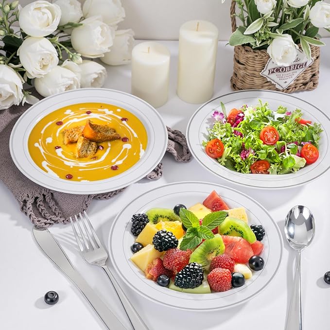 bUCLA 60 Pack Plastic Bowls with Silver Rim - 12 oz Plastic Soup Bowls Disposable for Party, Wedding, Christmas & Gathering