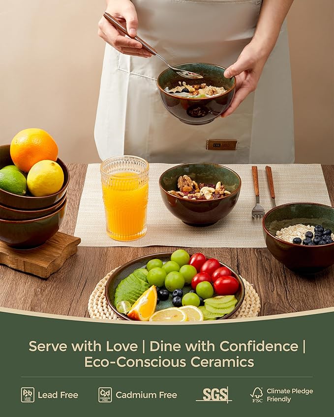 Stoneware Cereal Bowls Set of 6, 22 Oz Soup Bowls Set for Cereal Soup Snacks, Modern Kitchen Bowls for Meal, Dishwasher & Microwave Safe-Brown and Green