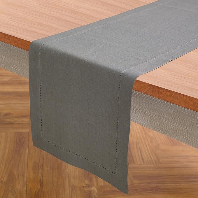 Solino Home Linen Steel Gray Hemstitch Table Runner 60 Inches - 100% Pure Linen Small Table Runner 14 x 60 Inch Ideal for Dresser and Coffee Tables, Spring - Classic Hemstitch