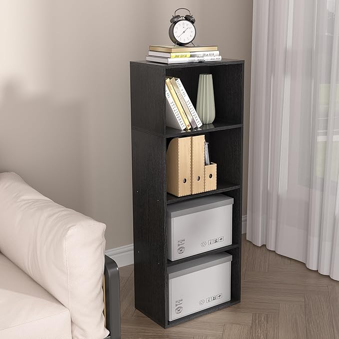 Wooden 4 Cube Storage Organizer, 4 Tier Tall Modern Bookshelf Freestanding Storage Display Organizer, Versatile Cubes Shelf and Cubby Unit for Living Room, Bedroom, Home Office 15.7inch