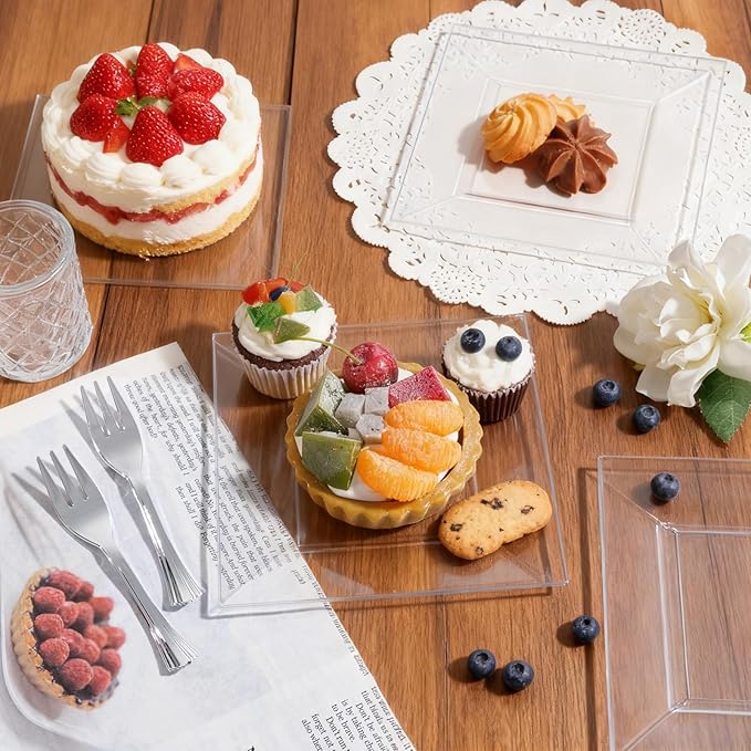 supernal 200pcs Clear Dessert Plates with Silver Dessert Fork, Clear Square Plates, Appetizer Plates,Silver Plastic Silverware, Perfect Choice for Wedding and Party