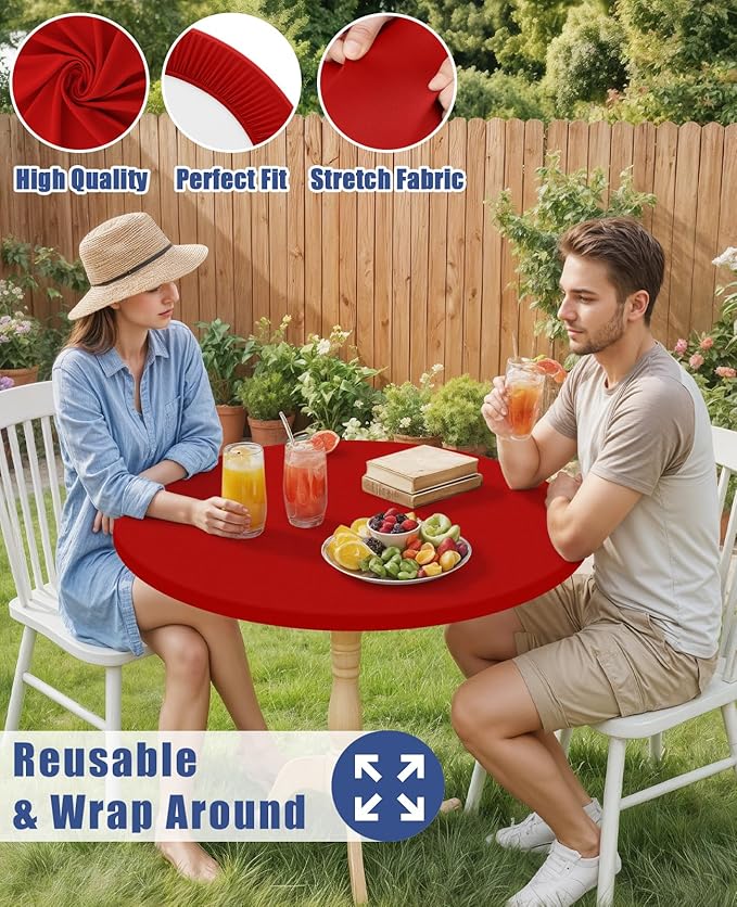 Round Spandex Tablecloth, Elastic Fitted Waterproof Tablecloths for 31"-35" Tables, Stretch Washable Picnic Table Cover for Camping, Dining, Indoor and Outdoor, Red