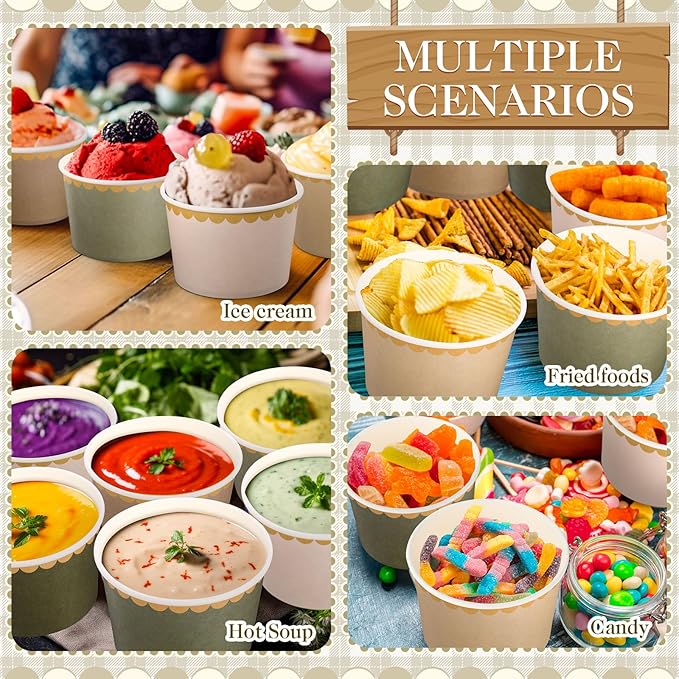 Zopeal 48 Pcs Sage Green Disposable Ice Cream Bowls 9oz Green Gradient Color Paper Snack Cups with Gold Scallop for Parties, Weddings, Baby Showers, Desserts, Yogurt, and Salads