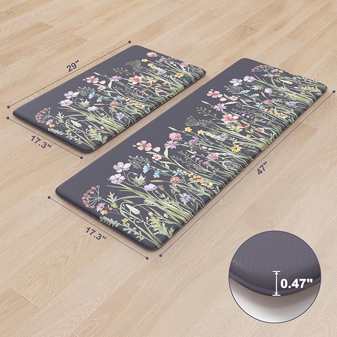 KIMODE Anti Fatigue Kitchen Mat, Farmhouse Floral Kitchen Rugs, Kitchen Floor Mats Non-Slip,Comfort Kitchen Mats for Floor Sink, Laundry, Office, Desk Dark Grey/Purple 17"x47"+17"x29"