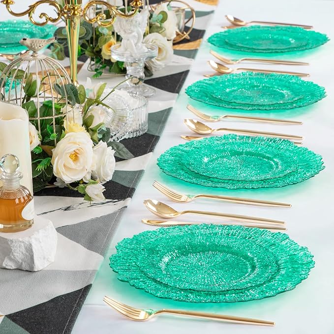 U-QE 60PCS Green Plastic Plates - Clear Plastic Plates Disposable Heavy Duty - Green Disposable Plates Include 30PCS 10inch & 30PCS 7inch for Party&Wedding