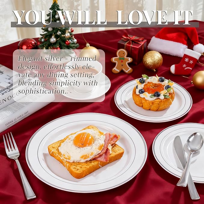 350 Pcs Silver Plastic Plates - Silver Dinnerware Set of 50 Dinner Plates 50 Dessert Plate 50 Silverware 50 Napkins 50 Cups for Christmas Party&Wedding