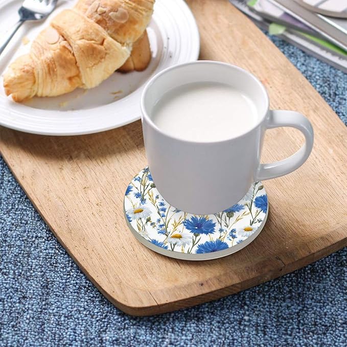 Coasters for Drinks Coaster Drink Set Decorative Coffee Table Desk Cup Mat Spring Cute Cork Bar Backing Round Home Decor Blue and White Daisy39
