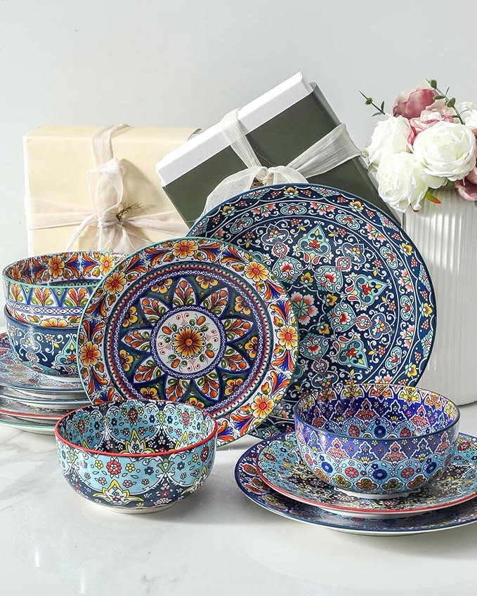 glowworm Dinner Plates, 10.5 Inch Ceramic Plates Set of 6 for Steak, Snacks, Pizza, Cake, Colorful Serving Dishes for Kitchen, Housewarming Gift, Microwave, Oven & Dishwasher Safe, Bohemian