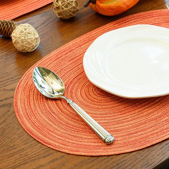 Noctiflorous Oval Braided Placemats Set of 8 Woven 12x18 Inch Non Slip Washable Heat Resistant Place Mats Tablemats for Dining Kitchen Party Daily Table Decor Dinner Mats (Fall Orange, 8)