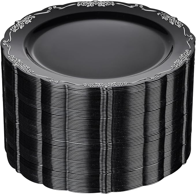 DaYammi 60PCS Black and Silver Plastic Plates, Heavy Duty Black and Silver Disposable Plates Premium 10inch Dinner Plate Hard Plastic Plate Disposable for Party and Wedding