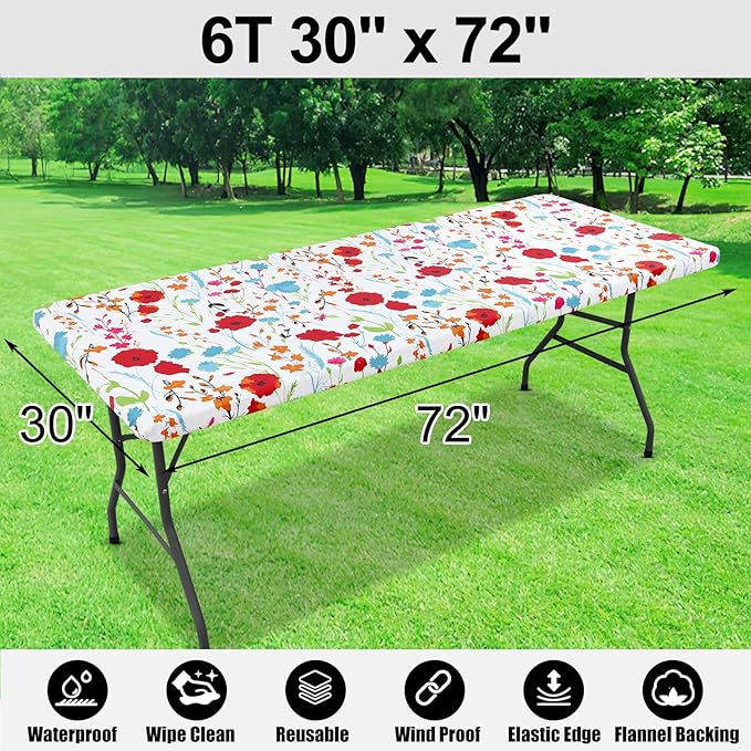 Smiry Rectangle Table Cloth Cover, Waterproof Elastic Fitted Picnic Tablecloth for 6 Foot Tables, Wipeable Flannel Backed Vinyl Tablecloths for Camping, Dining, Outdoor (Off White, 30" x 72")