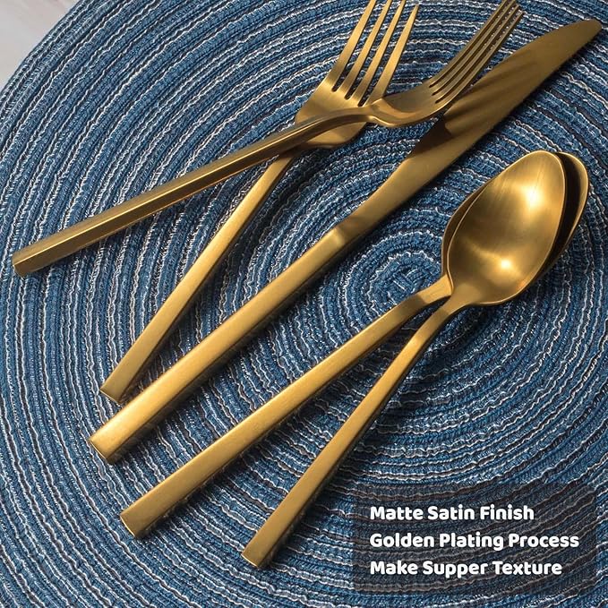 Alata Cube Matte Gold 40-Piece Flatware Set, Forged Cutlery Set, Service for 8, Stainless Steel Tableware with Square Handle for Home/Restaurant, Dishwasher Safe