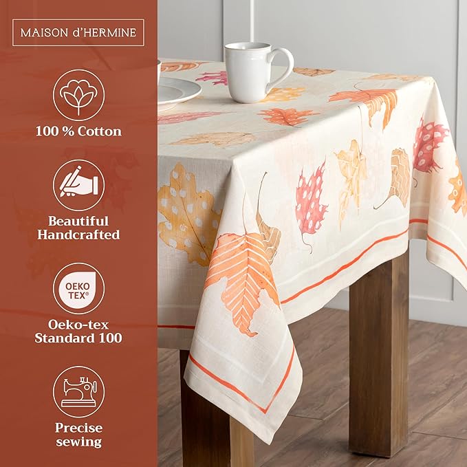 Maison d' Hermine Table Cloth Rectangle Table 100% Cotton 54 x 72 Inches Fall Tablecloth Reusable Everyday Use for Thanksgiving Christmas Decorations Dining Farmhouse Party (Colours of Autumn)