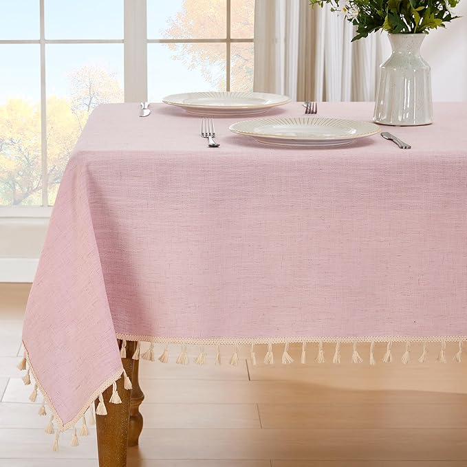 JIALE Valentines Textured Tablecloth, Heavy Duty Linen Style Farmhouse Table Cloth Rectangle Tables, Wrinkle-Free Washable Waterproof Table Cover for Kitchen, Dining, Parties, 55"x55", Pink
