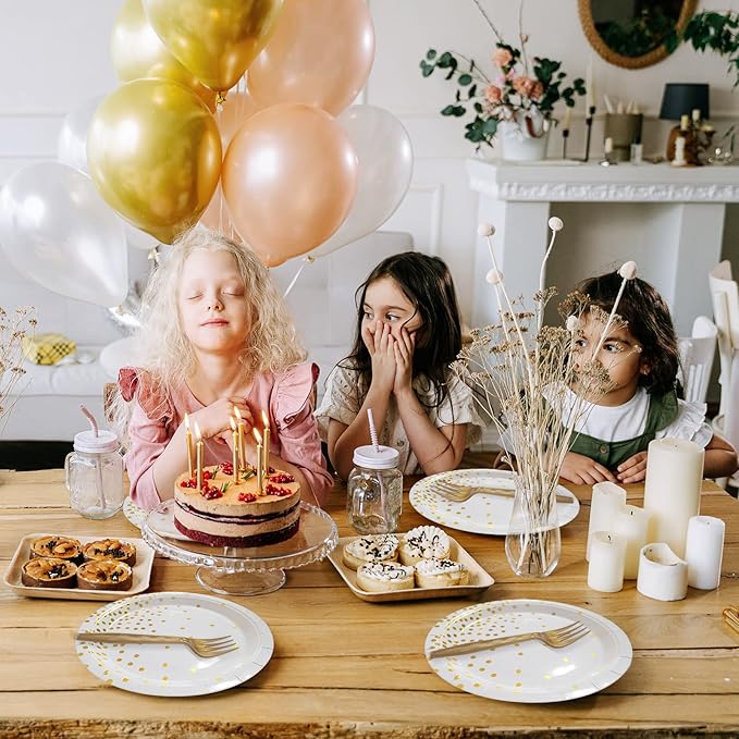 White and Gold Paper Plates Napkins Party Supplies,Disposable Gold Dot Paper Dessert Plates,105 PCS Birthday Plates and Napkins Party Supplies for Wedding(Serves 35 Guests 7")