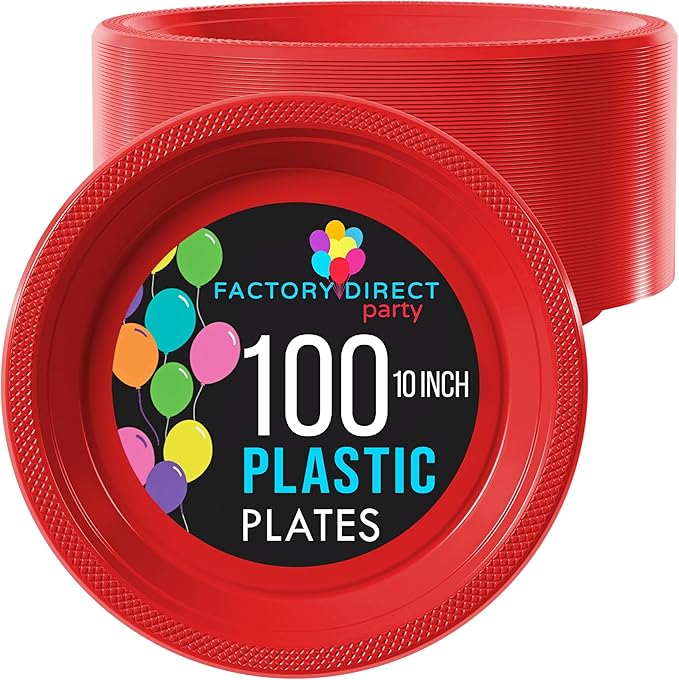 Red Plastic Plates For Party 10" Red Disposable Plates Heavy Duty 100 Pcs Plastic Dinnerware Sets Heavy Duty 350 GSM Disposable Dinnerware Set