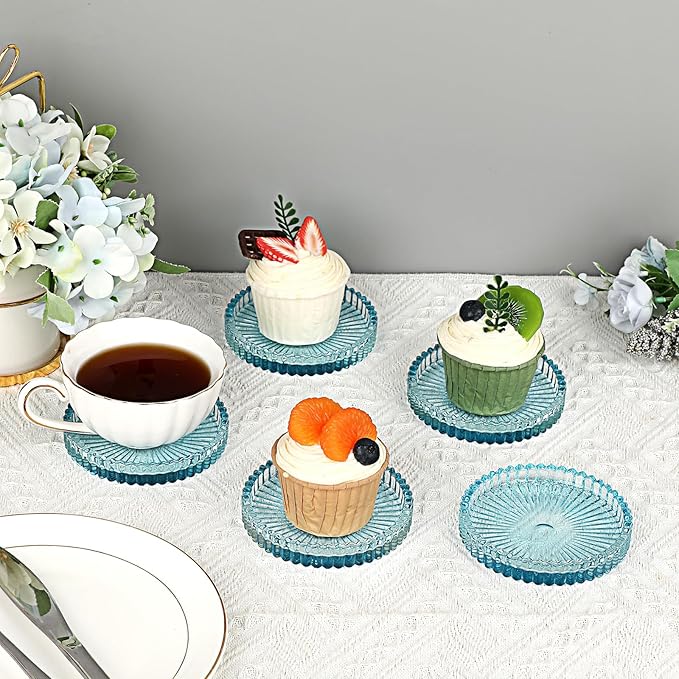 JUXYES 5 Pack Clear Blue Crystal Coasters Round Cup Mat, Glass Coasters for Drinks Coffee Tea Wine, Decorative Wine Bottle Coaster, Crystal Drink Coasters for Restaurant bar Kitchen Dining Table
