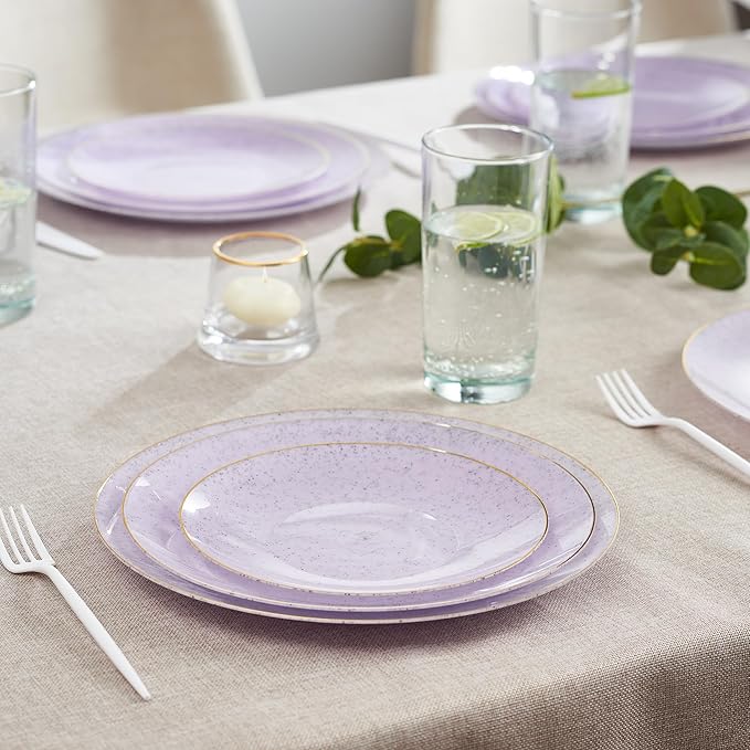 PLASTICPRO 30 Pack Disposable Plastic Plates Heavyweight Granite Look Elegant 9 inch Dinner Plates Purple with Gold Rim