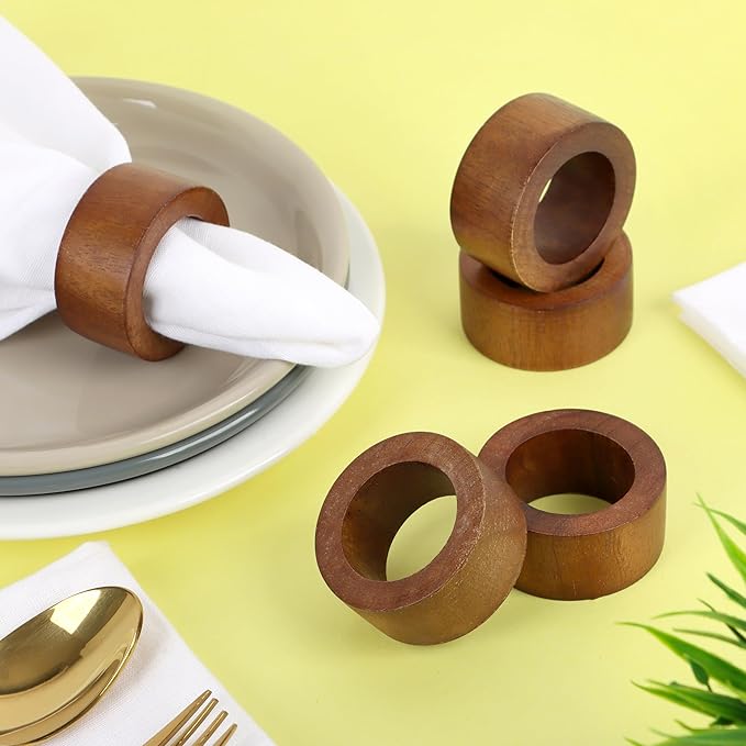 ALPHA Living HOME Handmade Wood Napkin Rings Set of 12 - Dining Table Napkin Holder, Classic Everyday Use Thanksgiving, Christmas Napkin Rings Buckles, Festive Party Gift (Brown)