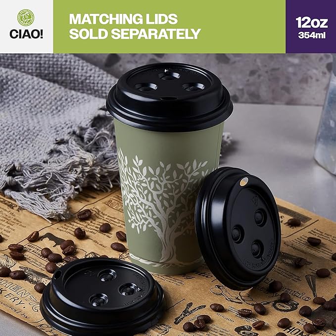 CIAO! 12oz Paper Hot Cup, Rooted Olive Print, (Case of 1,000)