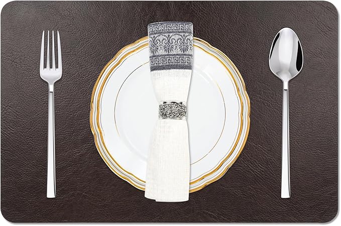 Cowhide Pattern Faux Leather Placemats Set of 6,Heat Resistant Non-Slip Waterproof Wipeable Washable Kitchen Dining PU Table Place Mats,Double-Sides Available,Black Brown