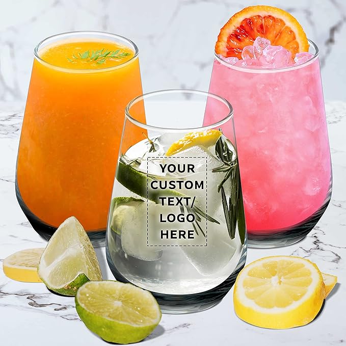DISCOUNT PROMOS 100 Vaso Silicia Stemless Wine Glasses Set, 16 oz. - Personalized Text, Logo - Clear, Orb-Like, Thick base - Black