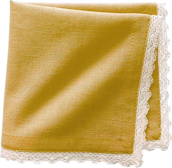 FINGERCRAFT Dinner Cloth Napkin Cotton Linen Blend 12 Pack Mitered Corners with Elegant Lace for Everyday Use Napkins are Pre Shrunk and Good Absorbency 20in x 20in, Gold