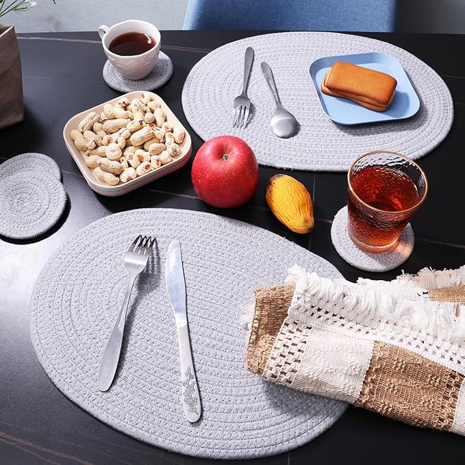 Braided Placemats Set of 6, Cotton Fabric Oval Table Mats Non Slip Washable 16 * 12 inch Oval Place Mats, 6 Pack Grey Woven Placemats