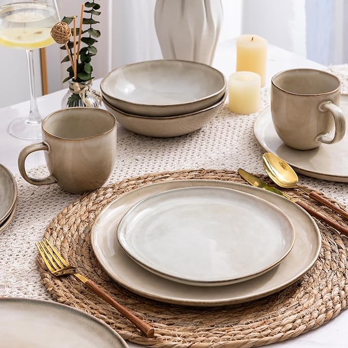 AmorArc Ceramic Dinnerware Sets,Handmade Reactive Glaze Stoneware Plates and Bowls Sets,Highly Scratch Resistant | Dishwasher & Microwave Safe Dishes Set,Service for 12 (36pc)