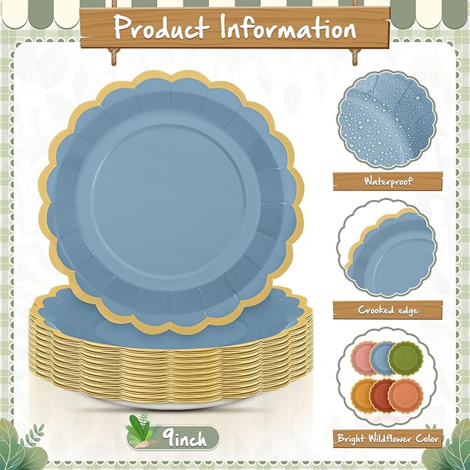 96 Pcs Fall Wildflower Color Paper Plates 9 Inch Colorful Boho Scalloped Paper Disposable Dinner Dessert Plates for Autumn Thanksgiving Birthday Wedding Bridal Party Supplies, 6 Colors