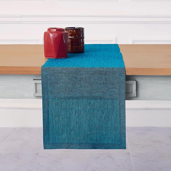 Solino Home Linen Chambray Teal Table Runner 108 Inches Long - Athena, 100% Pure Linen Dining Table Runner 14 x 108 Inch for Spring, Easter, St Patricks Day - Handcrafted and Machine Washable